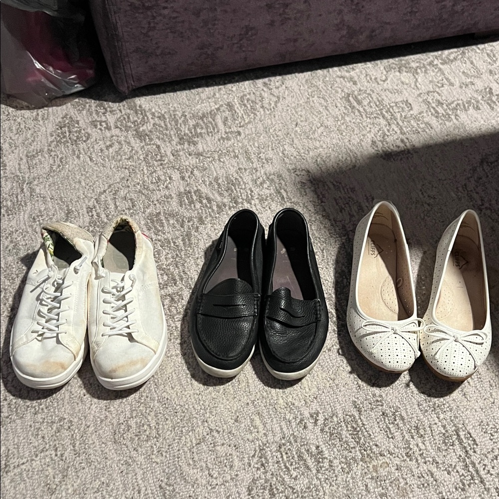 3 pairs of shoes -Hey Dude, Cole Haan and Cliffs